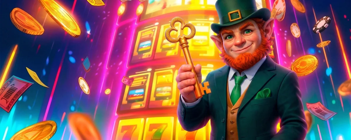 Mascote da Winkey Casino com a chave dourada diante de um slot