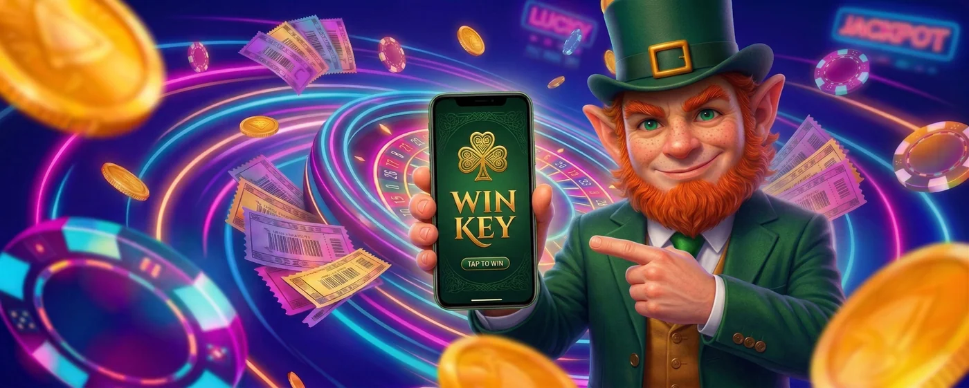 Mascote da Winkey Casino segurando um celular com o cassino aberto